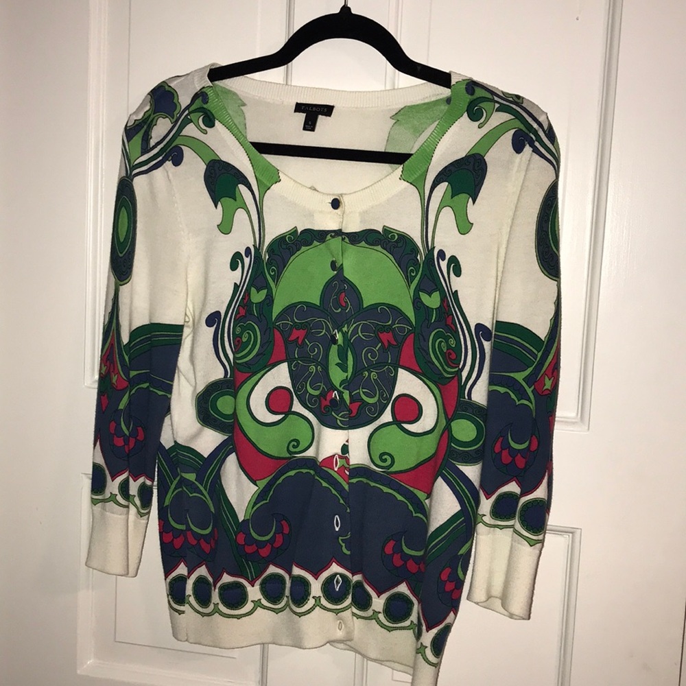 multicolored patterned button up sweater